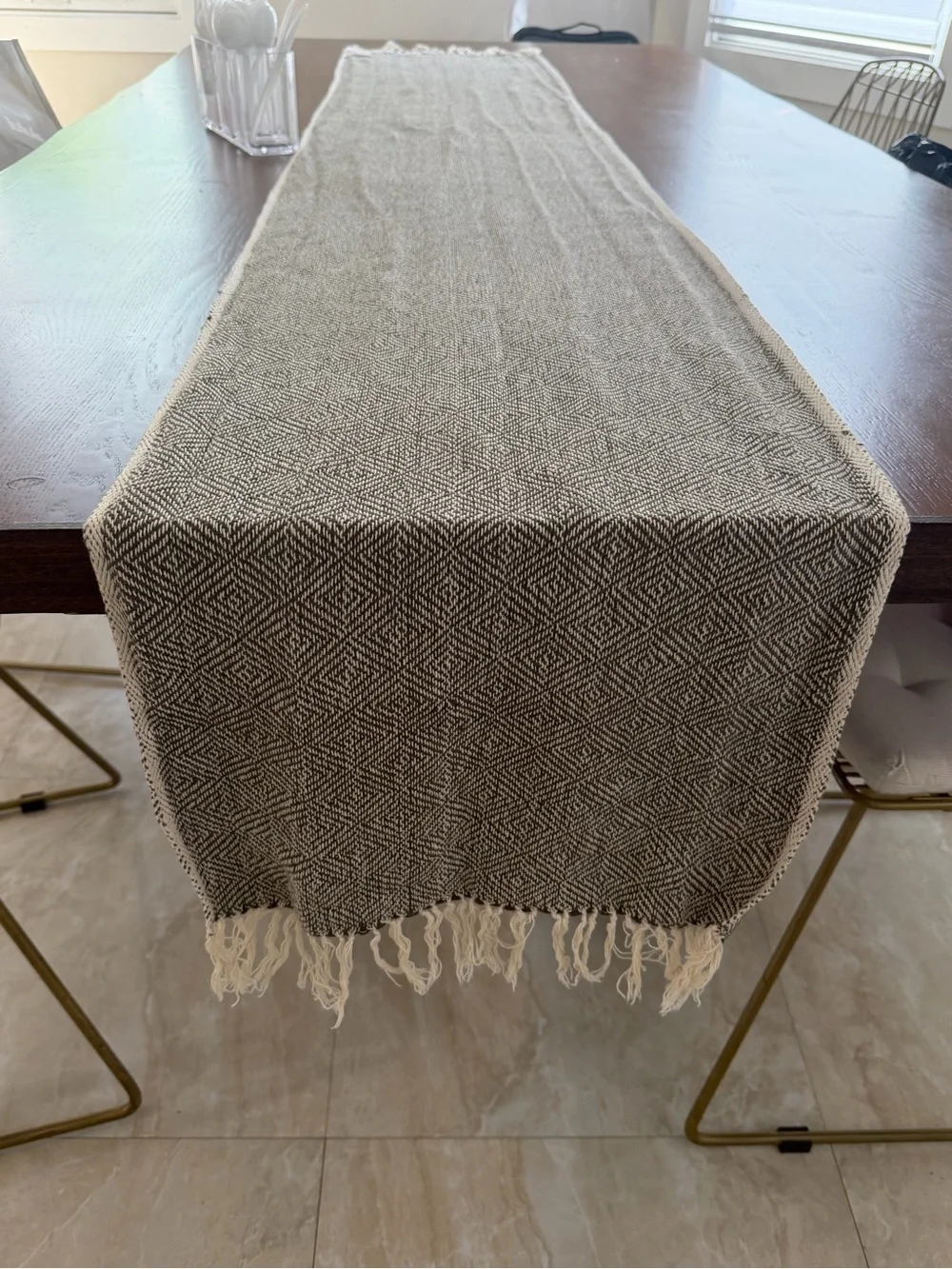 Crate & Barrel Linen Blend Herringbone Table Runner Olive Fringed 16 x 90